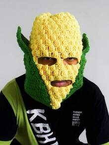 1 Piece Crochet Corn Beanie With Green Leaves & Yellow Corn Pattern - Funny Novelty Masked Hat For Men/Women, Halloween Costume, Winter Headwear, Unique Face Cover