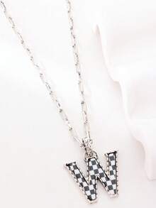 1pc Western Country Style Vintage Textured CCB Multicolor Leopard Print Black & White Plaid 26 Letter Minimalist Pendant Necklace, Sweater Chain