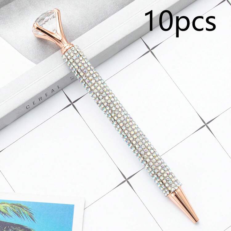 1/3/10支装奢华水钻圆珠笔，金属笔身，带旋盖，圆形，中号笔尖，优雅粉色，适合学生使用 - 彩色 - 查看 11