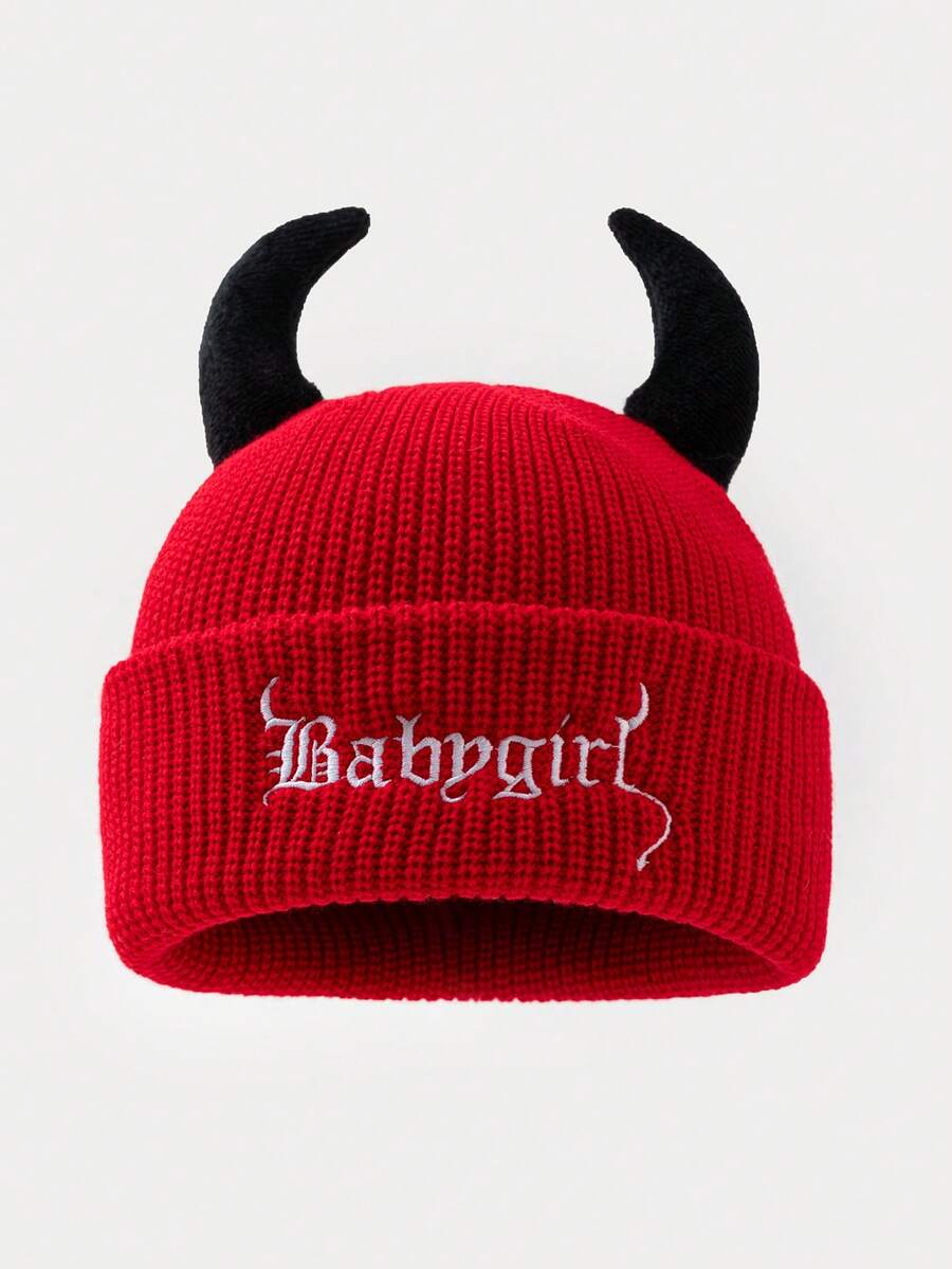 1pc High Quality 85g Large Circumference Women's Fashion Solid Color "BABYGIRL" Embroidered Knit Hat With Horn Decor, Suitable For Halloween Outfit And Outings Winter Women - A - View 1