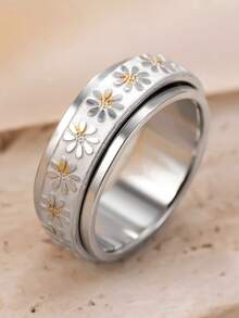 1pc Stainless Steel Daisy Flower Spin Ring, Stress Relief Design, Suitable For Men And Women, Daily Wear, Valentine's Day Gift - Silver - View 4