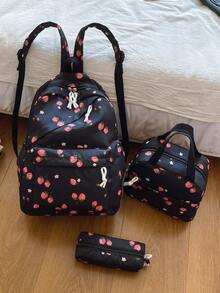 三件套时尚草莓印花书包套装，包含书包、午餐包和铅笔盒，带笔记本电脑隔层、可调节肩带、多口袋大容量多功能书包套装，适合女生/青少年/大学生/毕业生日常使用/度假/旅行/返校 - 黑色 - 查看 9