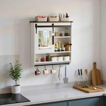 Wall-Mounted Bathroom Cabinet, Wood Wall Storage Cabinet, Wall Cabinet With Mirror, Bathroom Storage Wall Cabinet, With Adjustable Shelf/ Towel Bar/ 5 Hooks, Free Hair Dryer Holder, Multi-Functional Storage, Easy To Install, Suitable For Bathrooms, Living Rooms, Kitchens, Bedrooms, And Laundry Rooms. - 白色 - 查看 6