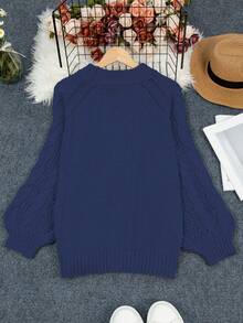 大码宽松休闲圆领长袖针织毛衣 - 寶藍色 - 查看 7