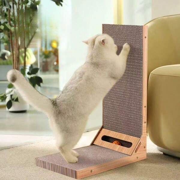 L-Shaped Tall Cat Scratching Post, Durable Large Size To Prevent Cats From Scratching Sofa, Corrugated Cardboard Cat Supplies With Bell Ball, Assembly Required