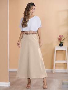 Long Monochromatic Tailored Skirt With Black Belt/Button Details/Casual/Took/Everyday/Summer/Elegant/Casual/Stylish/Collection 2024 - Màu be - Xem 6