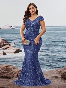 Vestido largo elegante y lujoso con cuello en V de lentejuelas elásticas, ajuste ceñido y diseño de bajo de cola de pez, talla grande, que hace que las mujeres se vean talla grande jóvenes y encantadoras, adecuado para diversas fiestas, graduaciones, bodas, eventos y diversos banquetes y fiestas de baile, vestido de gala formal para mujeres (edición de lujo, azul polvoriento)