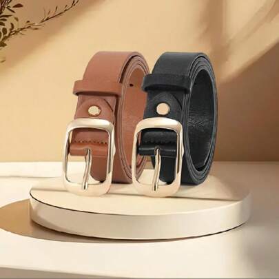 2pcs Plus Size Fashionable Versatile Women's High-End Gold Metal Buckle PU Leather Belt, Suitable For Jeans, Dresses, And Multiple Occasions
