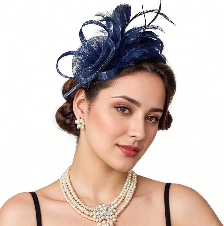 Fascinators Hats Women,Tea Party Fascinator Hair Clip With Feathers Wedding,Derby Hats Headbands - Ha9462-xanh nước biển - Xem 1