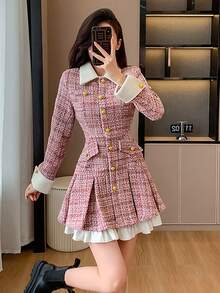 RUIWY 女士秋冬加厚二合一收腰迷人褶皱纽扣中长连衣裙，甜美时尚 - 粉色 - 查看 8