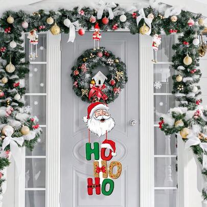 1 pieza Decoración colgante de puerta con patrón de Papá Noel "HOHOHO", decoración para Navidad, Año Nuevo, cumpleaños, fiesta de celebración de vacaciones para interiores/exteriores