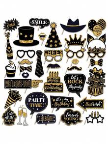 36 PCS Birthday Photo Booth Props Party Supplies Holiday Picture Decorations Photo Booth Props For Birthday Party Favors Pose Sign Kit Fun For Party (Silver And Black /Gold And Black) - Multicolor - View 13