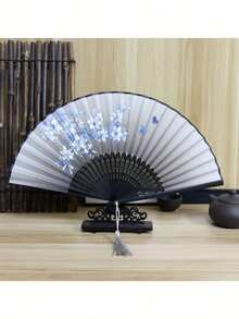 1 件古董折叠竹扇，中式折叠扇，舞蹈扇饰有黑色蝴蝶流苏花卉图案，传统舞蹈扇，手工扇优雅