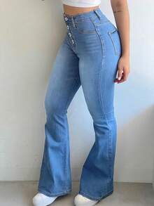 Women's Stretch Skinny Jeans Women's - Hip Lift Slimming Micro Pants Front Buckle Slimming God Pants All Match Leg Long Flare Pants European And American Retro Spice Pants - 淺色水洗藍 - 查看 3