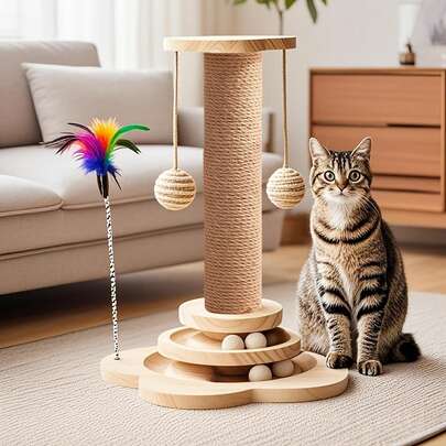 Cat Scratch Board For Kittens, Indoor Interactive Cat Toy, 4-In-1 Wooden Cat Scratch Toy, Cat Climbing Frame, With 2 Horizontal Cat Ball Tracks, Interactive Feather Toy And 2 Sisal Hanging Balls, Kitten Activity Center, Suitable For Indoor Kittens