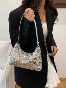 1pc Fashionable Sequin Silver Tote Bag, Casual Women's Shoulder Bag, Versatile White Backpack - Silver - View 9