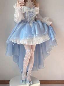 Blue Lolita Dress Design, Short In Front And Long In Back, Bride, Heavy Industry, Big Ribbon, Princess With Tail - Màu xanh (có tay áo và hoa) - Xem 10