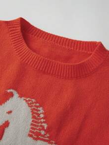 Women Y2k Graphic Sweater Pullover Long Sleeve Crew Neck Oversized Knit Aesthetic Sweatshirt Cute Horse Pattern Preppy Jumper Top - 紅色 - 查看 8
