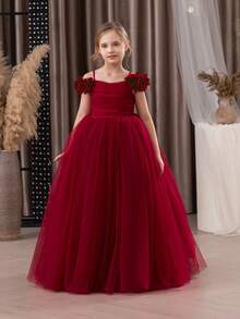 青少年女孩勃艮第 3D 花卉网眼覆盖派对礼服，优雅公主礼服适合女孩礼服、生日派对、舞会、婚礼、花童、伴娘、节日场合 - 酒紅色 - 查看 4