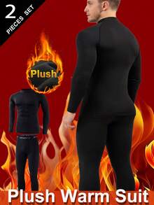 男士保暖内衣套装，加厚保暖内层上衣和裤子，纯色长袖圆领衬衫和裤子，适合寒冷天气、户外活动、滑雪等。