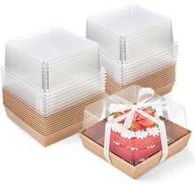 5.3x 4.9 X 2.4 Inches Paper Cake Boxes With Clear Lids, 50 Pack Square Disposable Bakery Boxes To Go Food Containers For 3-4 Inch Cake, Pie, Dessert, Cupcake, Charcuterie, Cocoa Bomb (Brown) - 棕色 - 查看 1