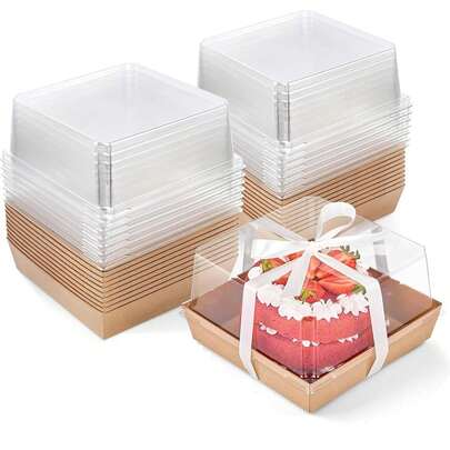 5.3x 4.9 X 2.4 Inches Paper Cake Boxes With Clear Lids, 50 Pack Square Disposable Bakery Boxes To Go Food Containers For 3-4 Inch Cake, Pie, Dessert, Cupcake, Charcuterie, Cocoa Bomb (Brown)
