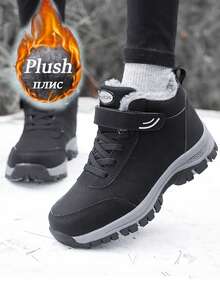 1 Pair Warm Fleece Snow Boots, Men's 2025 Winter New Plus Size Elderly Shoes, High-Top Short Tube Boots, Middle-Aged Thick Warm Walking Shoes, Unisex Snow Boots Size 35-46