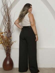 Plus Size Wide Leg Pants Tailored Fabric With Belt High Waist Feminine Shapes The Butt Comfortable Elegant Versatile Size Exg G1 G2 G3 New Fashion Mother's Day - 黑色 - 查看 3