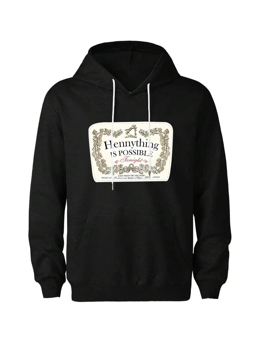 YUANXING Men's Black Casual Hoodie - "Hennything Is Possible" Retro Lettering Graphic, Long Sleeves With  Pockets, Adjustable Drawstring Collar - Perfect For Fall/Winter, Gift For Boyfriend Or Friend