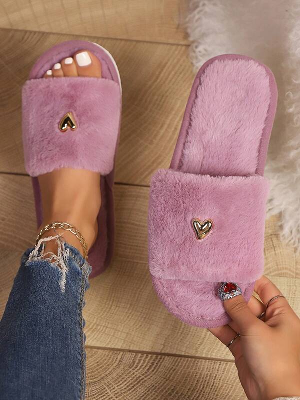 Women's Minimalist Fashion Heart Decor Fluffy Open Toe Slippers, Comfortable Plush House Slippers For Indoor/Bedroom/Living Room, Suitable For Autumn/Winter