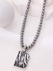 1pc Western Country Style Vintage Textured CCB Multicolor Leopard Print Black & White Plaid 26 Letter Minimalist Pendant Necklace, Sweater Chain