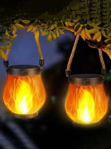 1/2 件太阳能火焰吊灯 - 3D 闪烁 LED 具有逼真的余烬效果，IP65 防水花园吊灯适用于露台凉亭，锻铁悬挂装饰