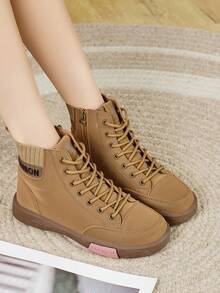 Women's Flat Lace-Up Fashion Western Boots, Lightweight Soft Sole Durable Outdoor Casual Side Zipper Ankle Boots, Autumn/Winter