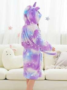 Tween Girl Purple Starry Sky Unicorn Long Sleeve Hooded Pajamas Bathrobe - Multicolor - View 9