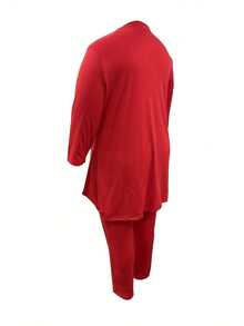 Plus Size Women's Fashionable Two-Piece Suit, Short Top In Front And Long Back Solid Color Trousers Suit, Casual Two-Piece Suit - 紅色 - 查看 3