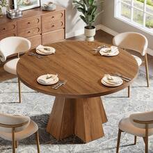 LITTLE TREE Circle Kitchen Table With Pedestal Base, Round Dining Table For 4, Farmhouse, Space Saving, Dining Room, Kitchen, Living Room, Walnut Brown - 棕色 - 查看 5