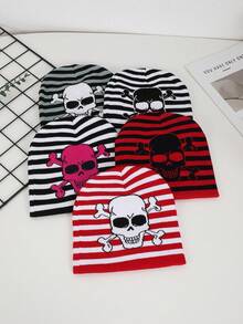 1pc Women's Jacquard Striped Skull Pattern Knit Beanie Hat, Warm & Casual For Halloween Party