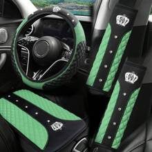 4 件皇冠水钻汽车内饰配件套装，包含 14.96 英寸方向盘套、安全带肩垫、扶手箱垫，采用耐用 PU 皮革制成 - 均碼 - 查看 23