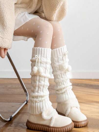 Y2K风格女式系带加厚芭蕾舞袜，带绒球装饰，洛丽塔蝴蝶结，JK码，舒适保暖