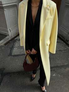 Abrigo largo recto de mujer de color amarillo mostaza sólido, versátil para uso diario, ir a la oficina y varias ocasiones, otoño/invierno - Amarillo - Ver 5