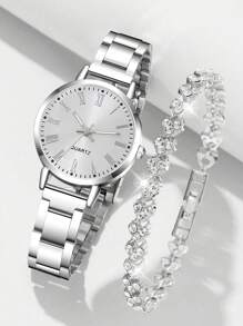 2PCS Silvery Alloy Strap Women's Watch Set Fashionable Elegant Simple Quartz Watch Bracelet Jewelry Set Perfect Gift For Her