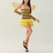 Women Halloween Costumes Outfit Sleeveless Ladybug Bee Adult Cosplay Costume Dress Up With Headband Wings - 黃色 - 查看 5