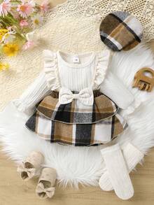 3pcs/Set Casual Elegant Cute Baby Girl Autumn/Winter Dress Set, Soft & Comfortable, Bow Decor Ruffle Layered Plaid Dress With Bodysuit & Hat And Socks - Multicolor - View 2