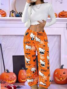 SANRIO 1pc  Plush Warm Fleece Fluffy Pants For Women, Cute & Comfortable For Autumn/Winter, Fall, Cozy - Orange - View 5