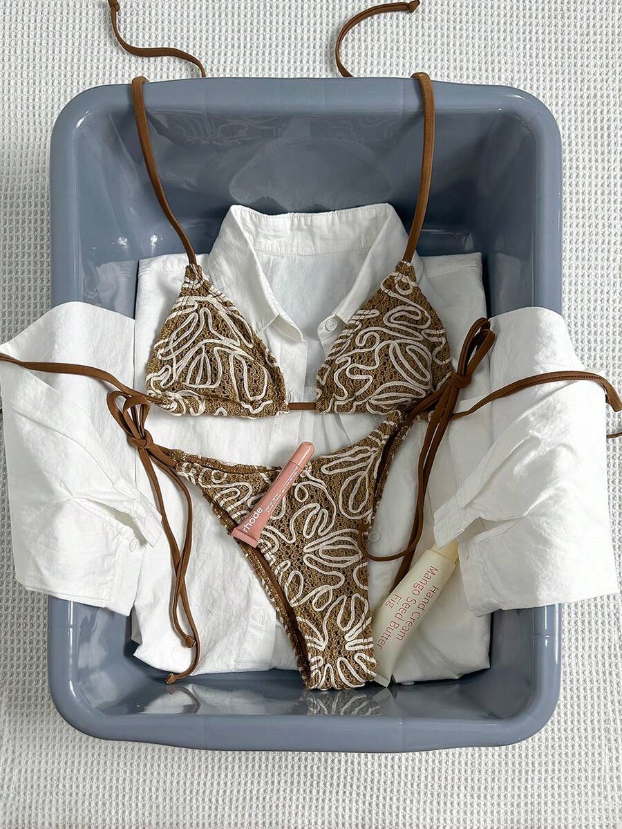 Swmmer Liket Women's Summer Fashion Asymmetrical Stripe Triangle Tie-Side Vacation Bikini Set - 棕色 - 查看 1