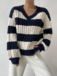 Women's Fall Two-Tone Cable Knit Drop Shoulder Long-Sleeve Sweater Top Clothing - Multicolor - View 6