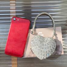 Luxury Mini Rhinestone Inlay Heart Shape Crystal Clutch Purse Stones Evening Wedding Party Shoulder Bags Handle Rhinestone Handbags ,Wedding , Wedding - Silver - View 2