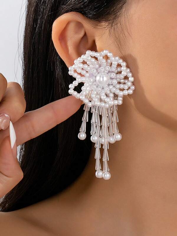 زوج من أقراط الأزهار اللؤلؤية المنسدلة بطراز بوهيمي مصنوعة يدويًا، أنيقة للاستخدام اليومي والشاطئ والحفلات والزفاف، هدية