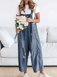 Pantalones de peto sueltos con lavado medio y desgastados de moda y versátiles