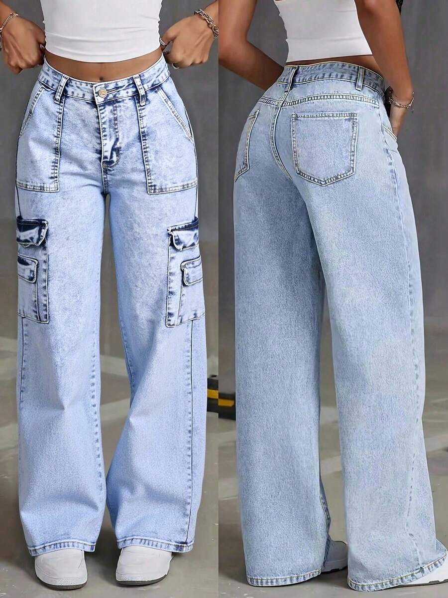 Pantalón vaquero de trabajo en azul claro con múltiples bolsillos y corte amplio, estilo urbano y versátil - Lavado ligero - Ver 1